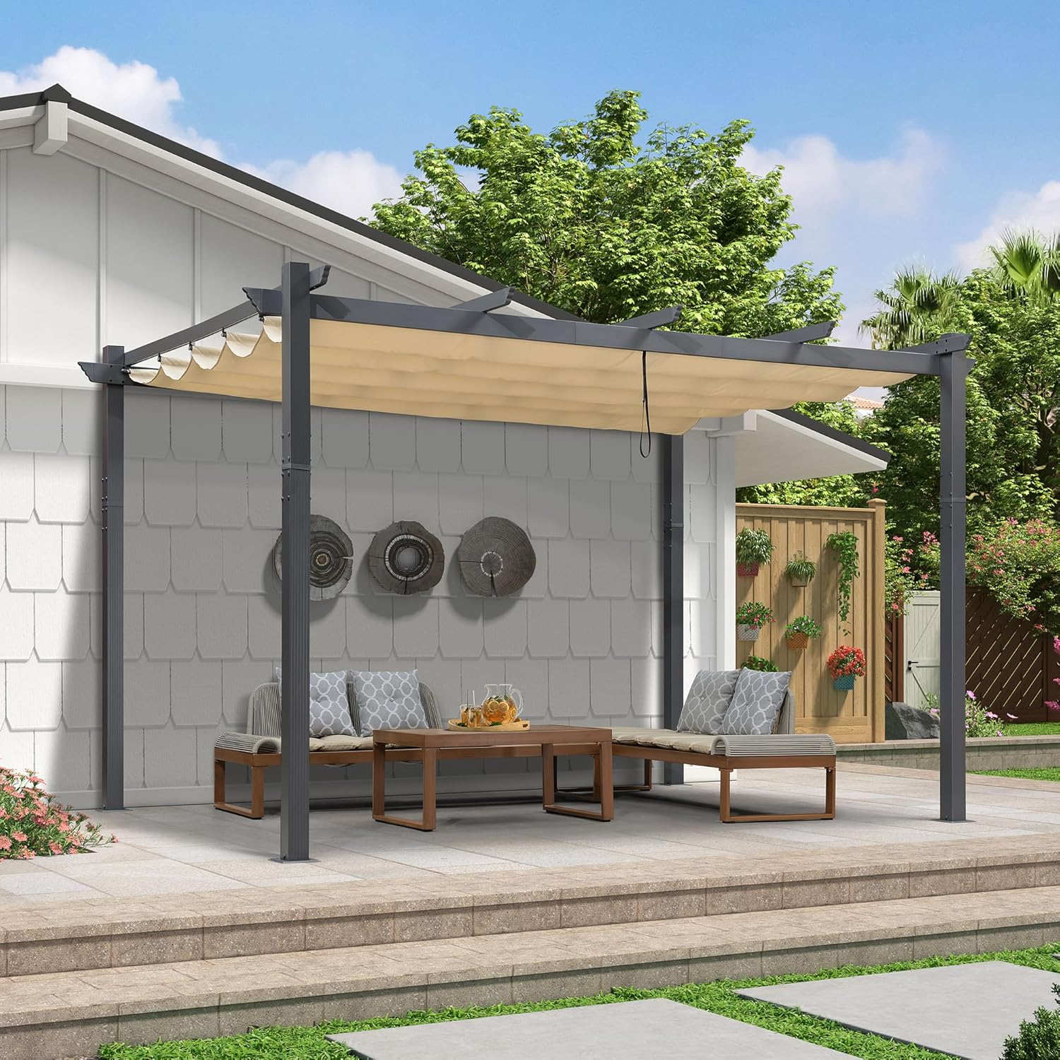 etezen - Pergola murale - 4 x 2,7 m - toit coulissant alu, tissu kaki
