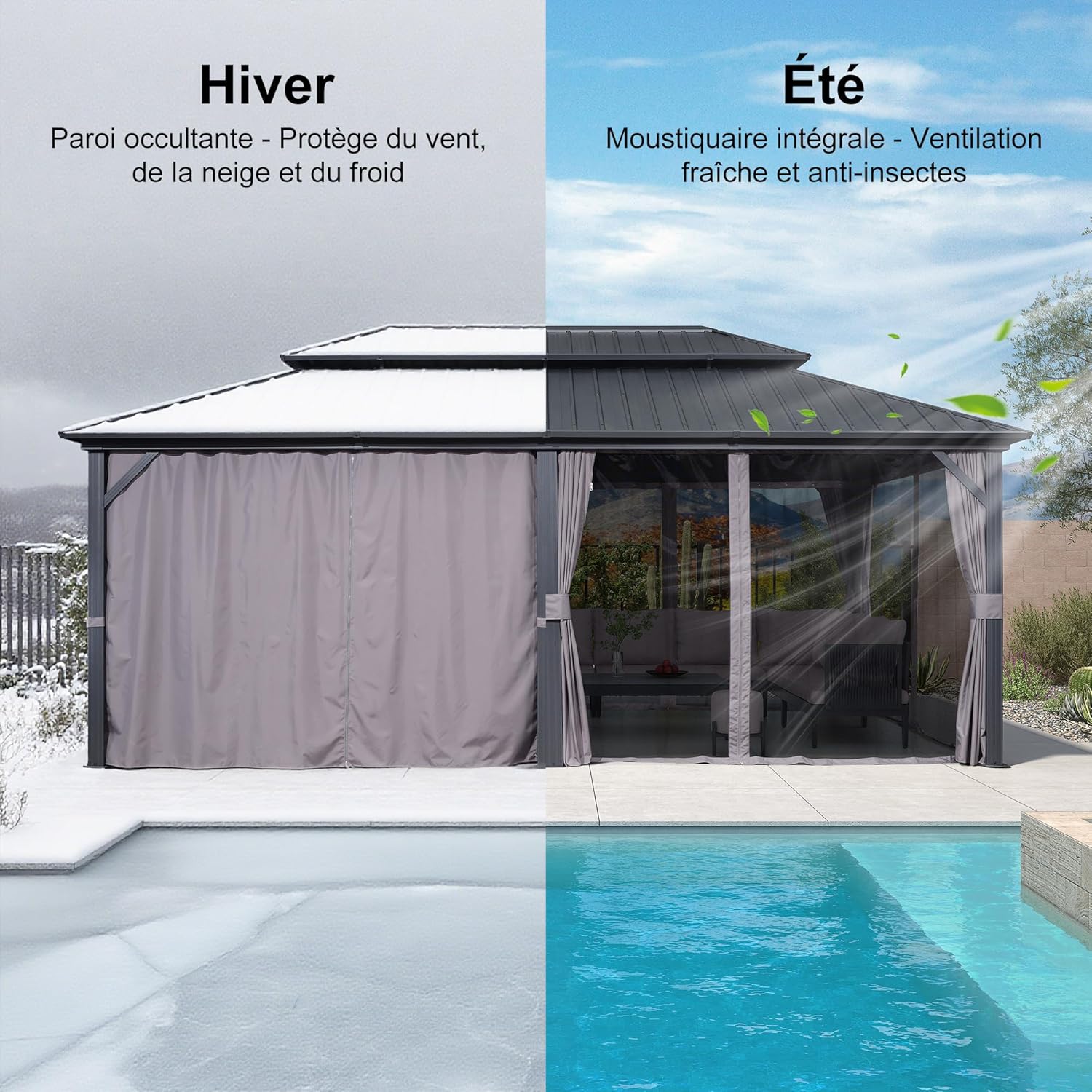 etezen - Tonnelle double toit rigide, 6 x 3,65 m, moustiquaire, aluminium, gris