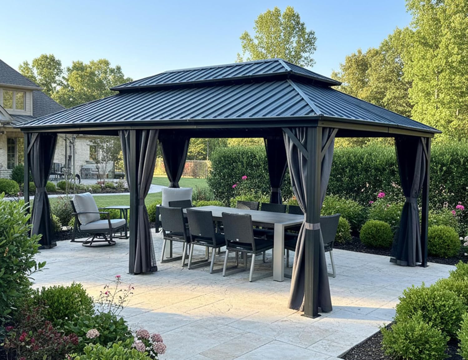 etezen - Tonnelle double toit rigide, 6 x 3,65 m, moustiquaire, aluminium, gris