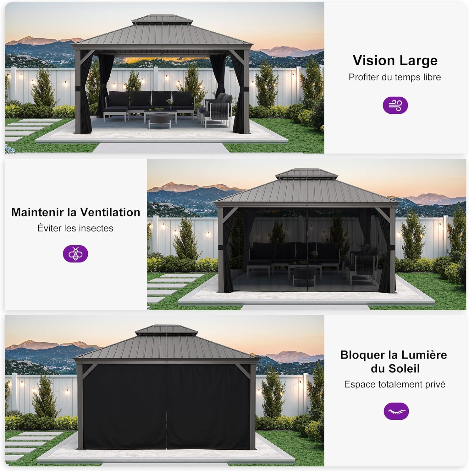 etezen - tonnelle jardin double toit - 3,65x4,25m - aluminium, moustiquaire, rideaux