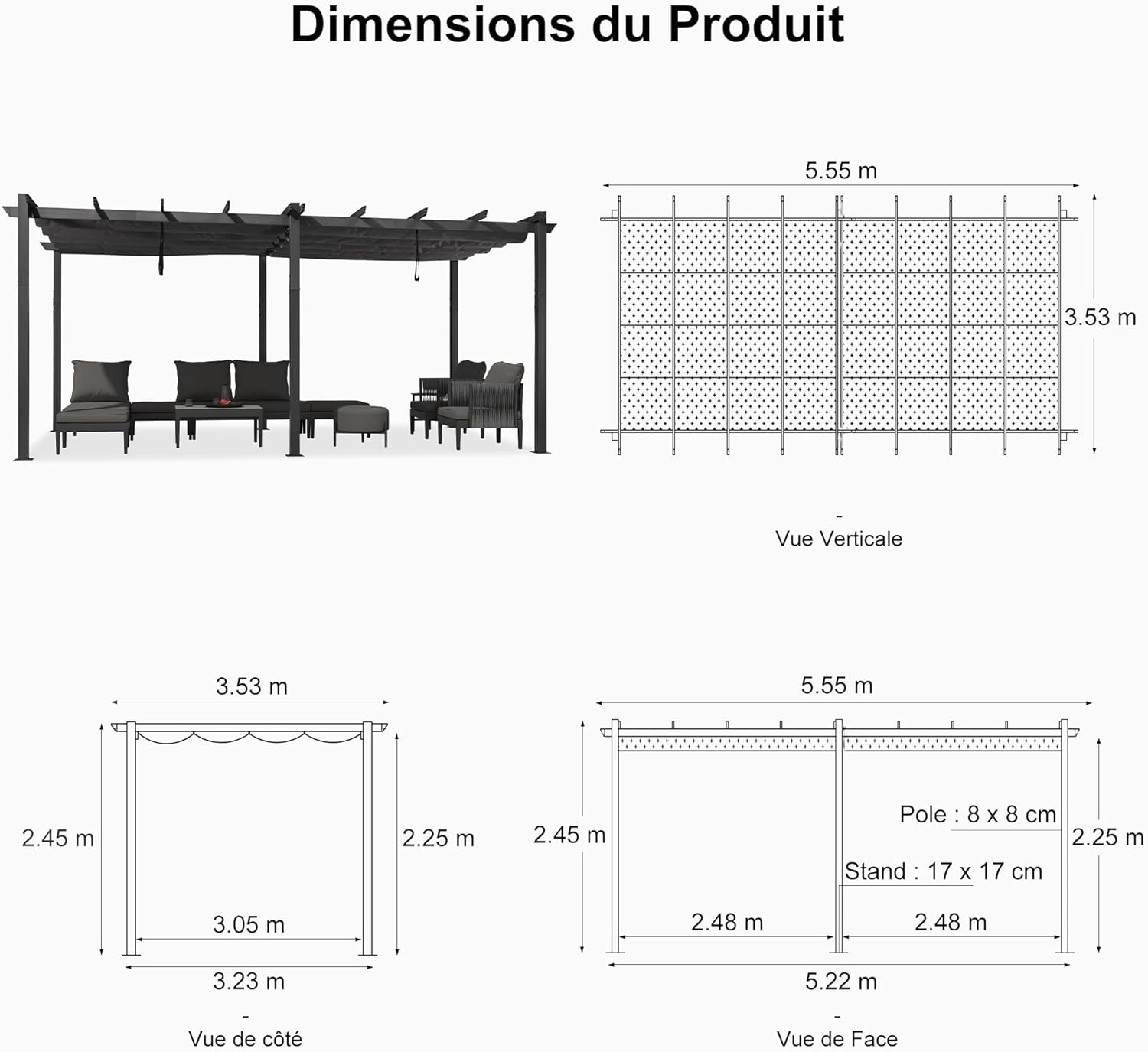 etezen - Pergola Aluminium 5.5 x 3.5 m - Éclairage LED intégré, toit rétractable, tissu teinté, structure résistant