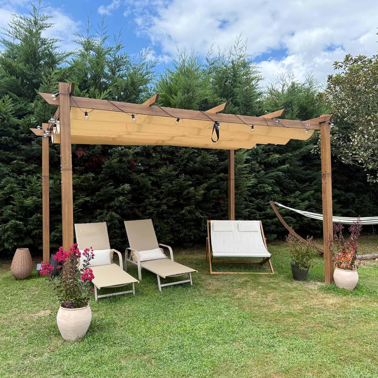 etezen - Pergola aluminium 4x3m, toit rétractable, éclairage intégré, finition teck, kaki