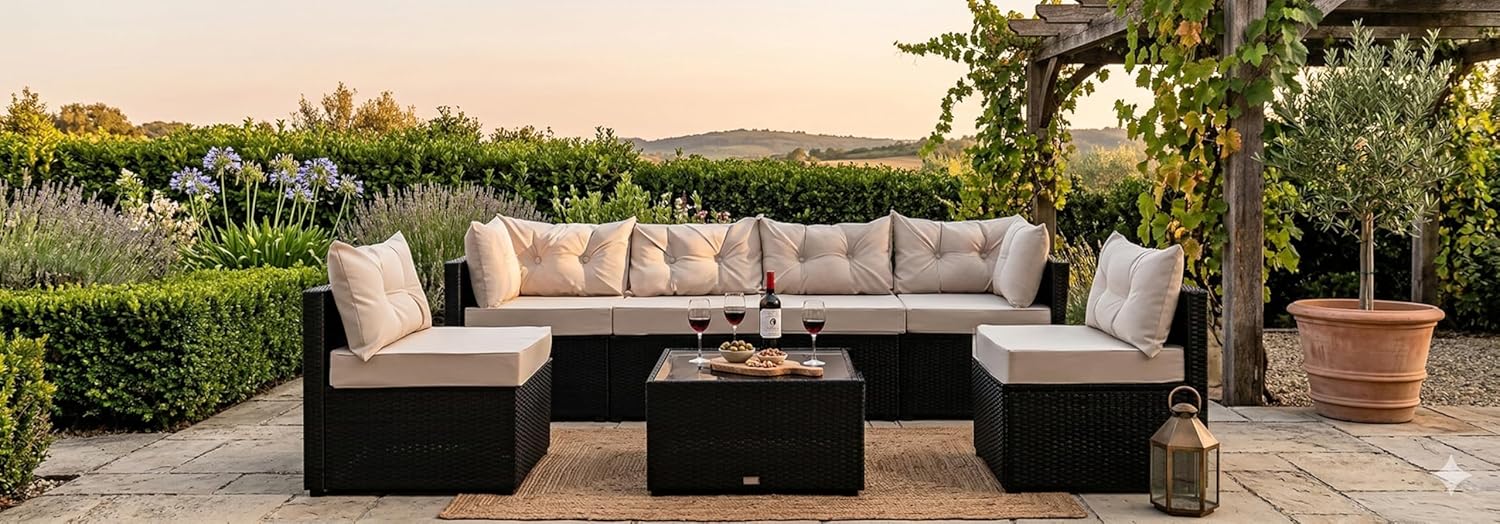 etezen - NACULA - Salon de jardin 5 places, résine tressée, coussins beige, table basse verre, extérieur