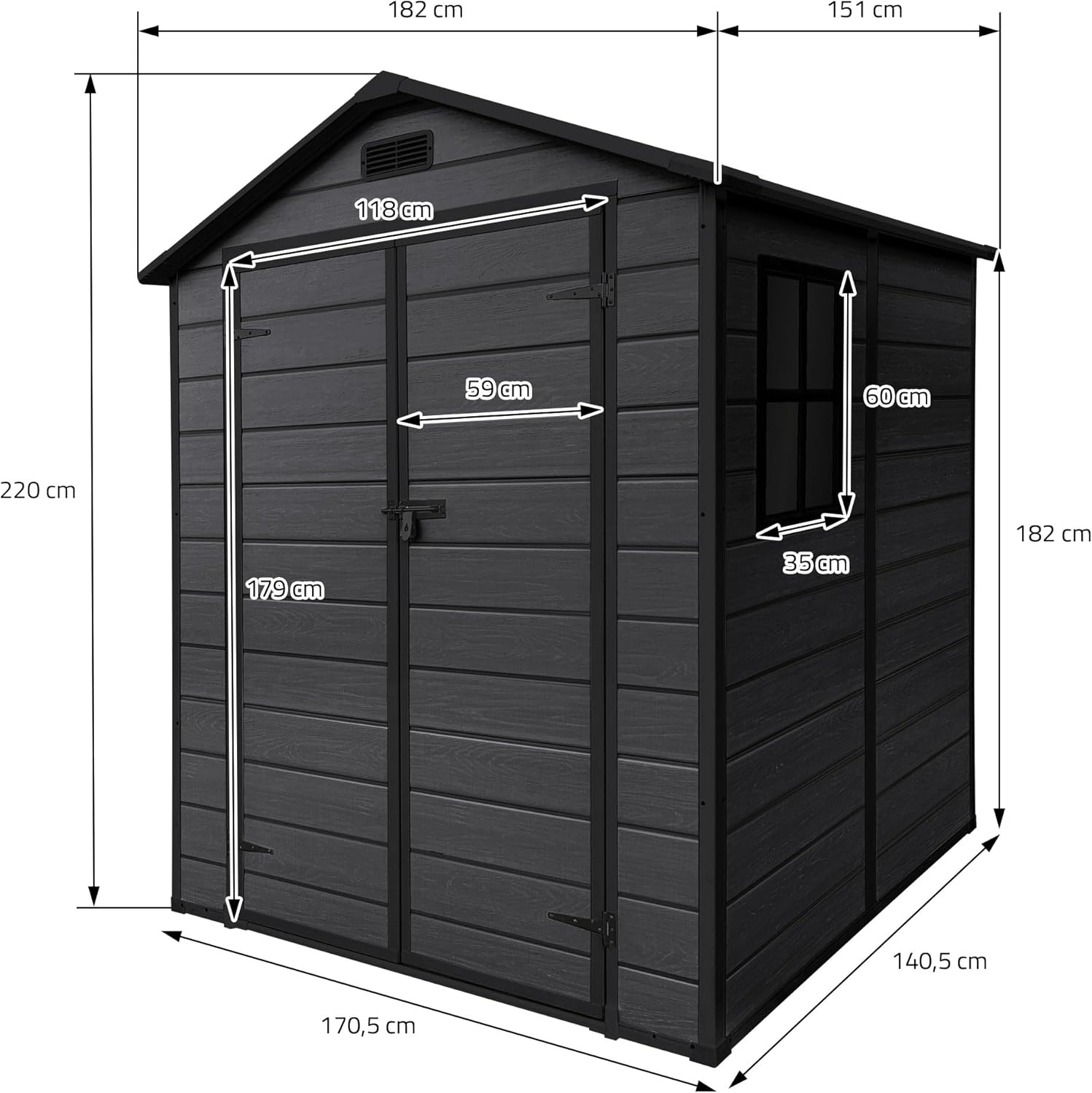 etezen - Abri de jardin résine 151x182x220 cm double porte, 5m³, fenêtre, ventilation
