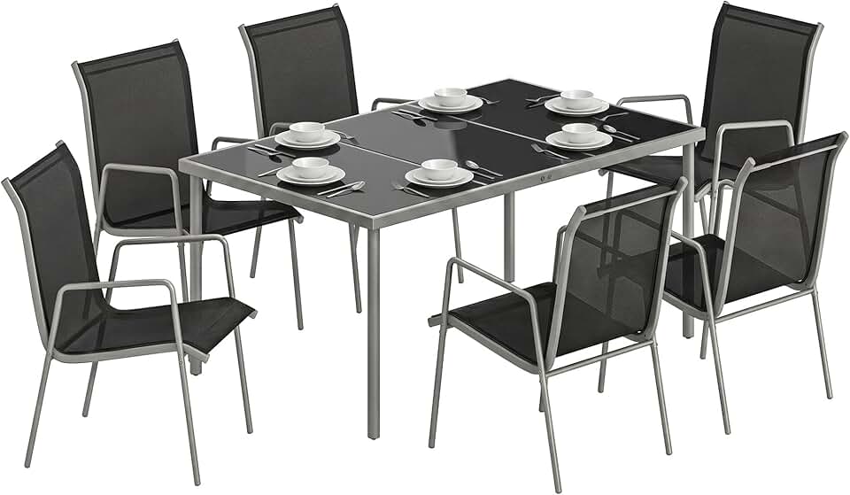 etezen - salon jardin 6 personnes - table verre, chaises empilables, textilène, argent
