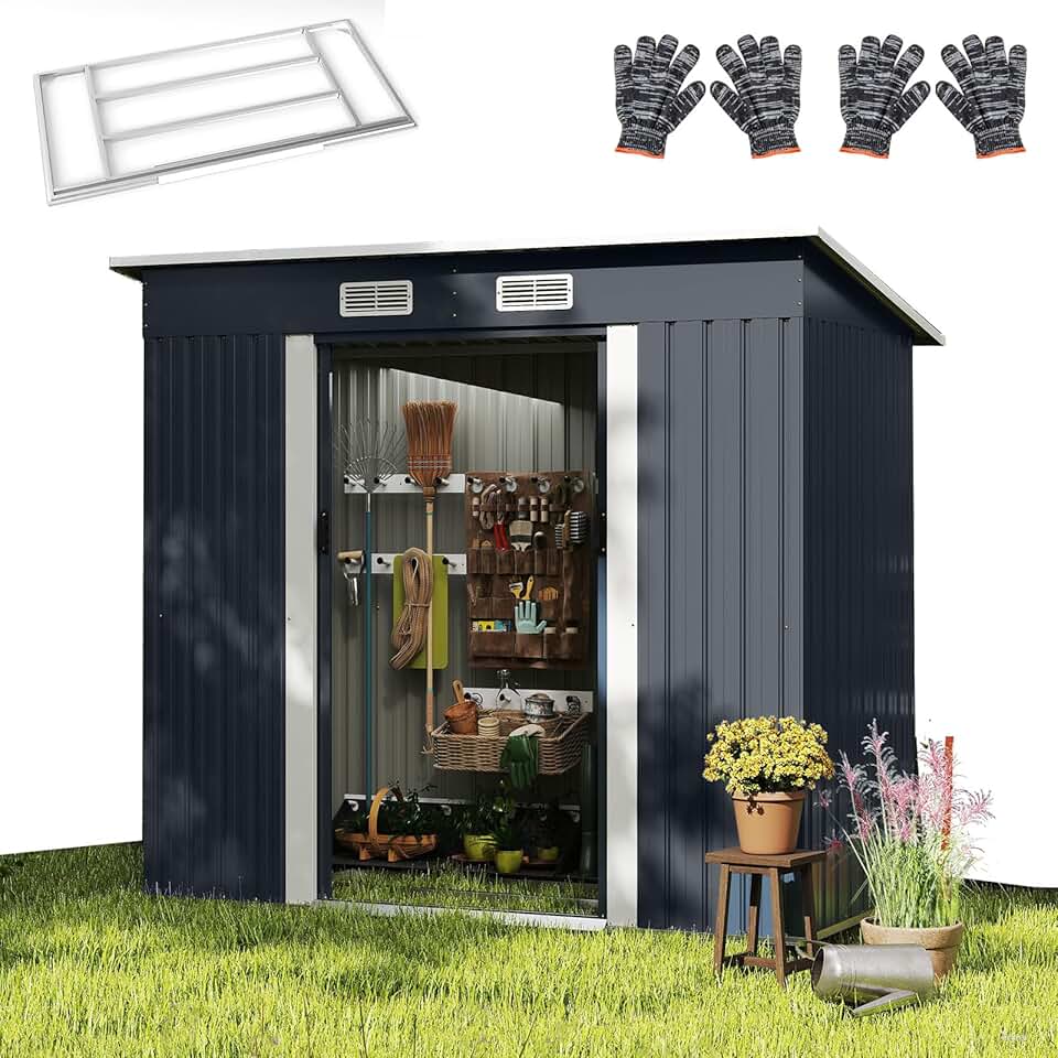 etezen Abri de Jardin en Métal 4m³ avec Toit Incliné, Porte Coulissante Verrouillable et Aérations, Cabane à Outils Extérieur pour Jardin, Cour, Pelouse, Patio, 213 x 112 x 186 CM
