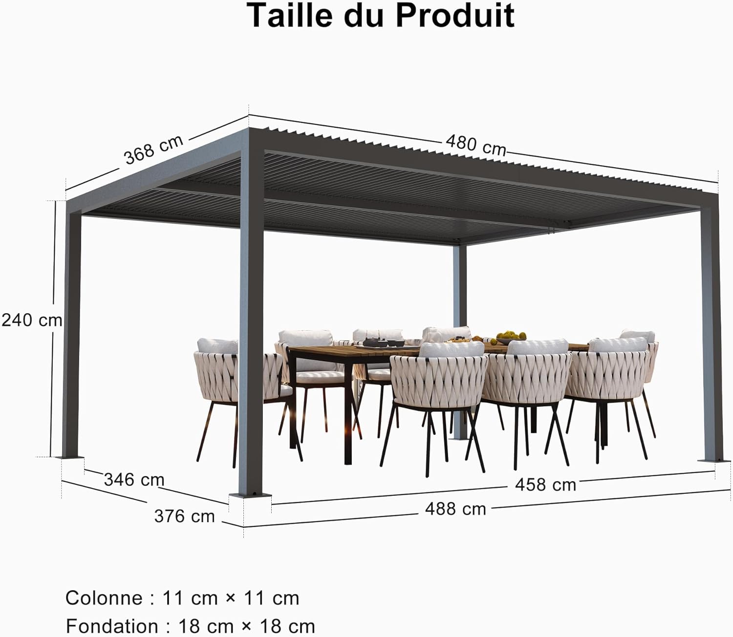 etezen - Pergola bioclimatique série aluminium - 4,8x3,68m - lames orientables, persiennes fixes, gris
