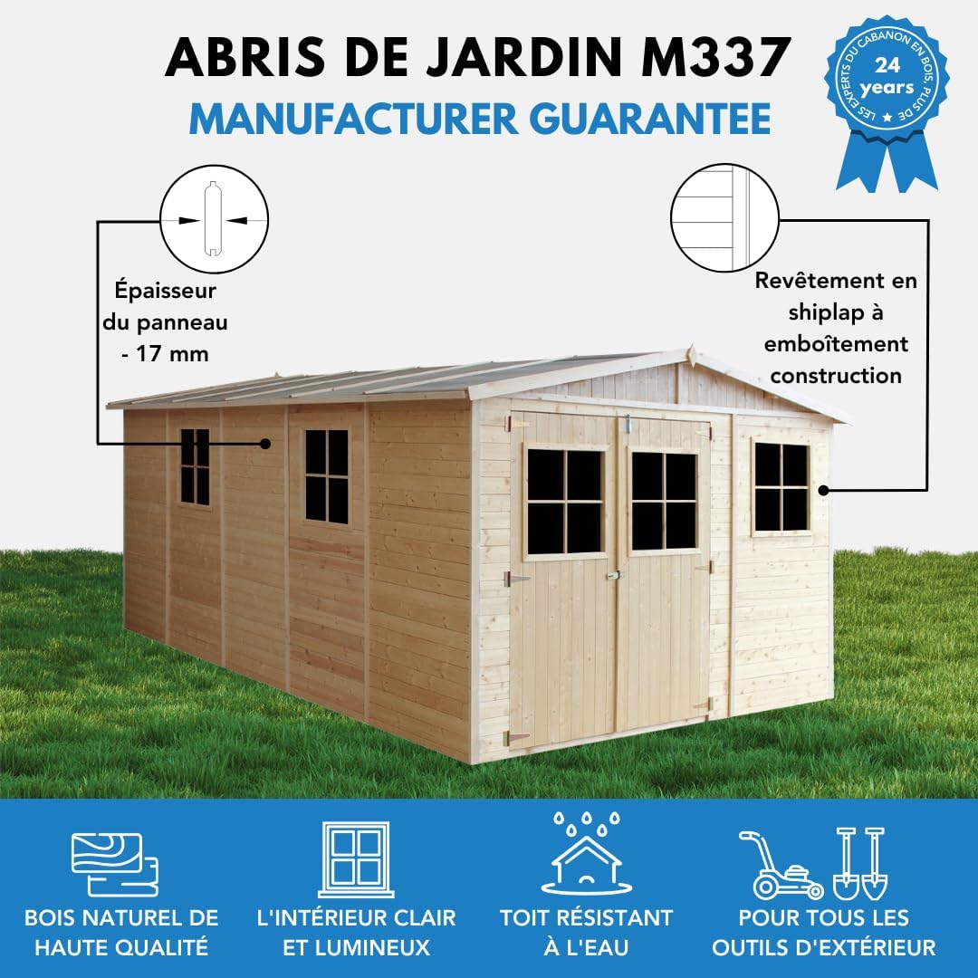 ABRI de Jardin en Bois Exterieur avec Les PLANCHERS IMPRÉGNÉ - Chalet en Pin/épicéa- H226x324x516 cm/15 m²- Construction de Panneaux- Rangement pour vélos, Remise à Outils- etezen M337+M337G