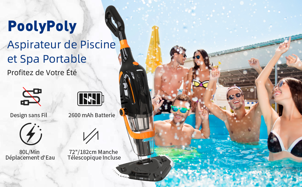 Le texte indique « etezen Aspirateur de piscine et spa portable » montrant un aspirateur de piscine avec des spécifications, notamment une batterie de 2 000 mAh et des démonstrations d'utilisation dans les paramètres de la piscine.