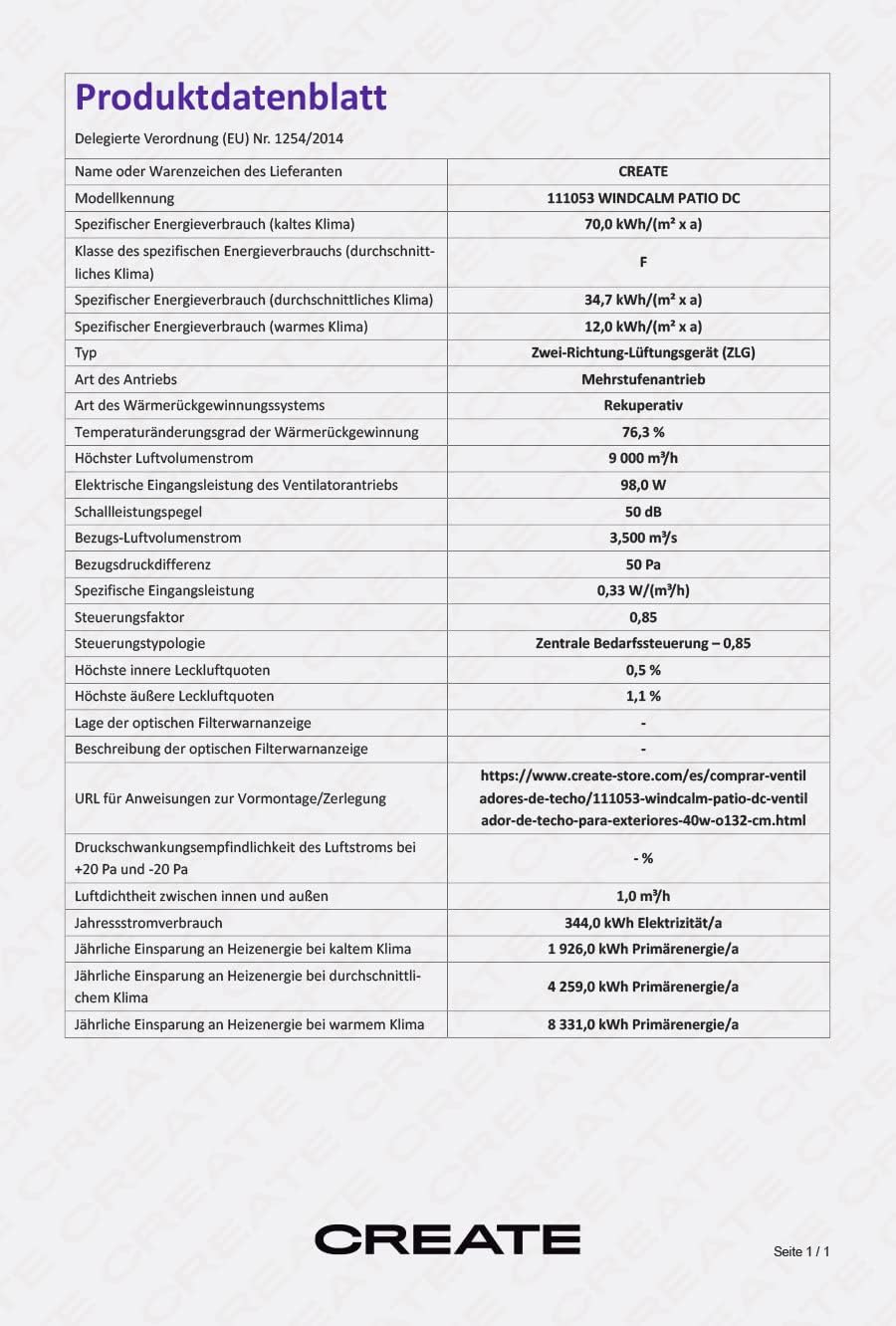 CREATE / WINDCALM M/Ventilateur de plafond ABS avec télécommande blanc / 40W, Silencieux, Ø132 cm, 6 vitesses, minuterie, été-hiver, double hauteur