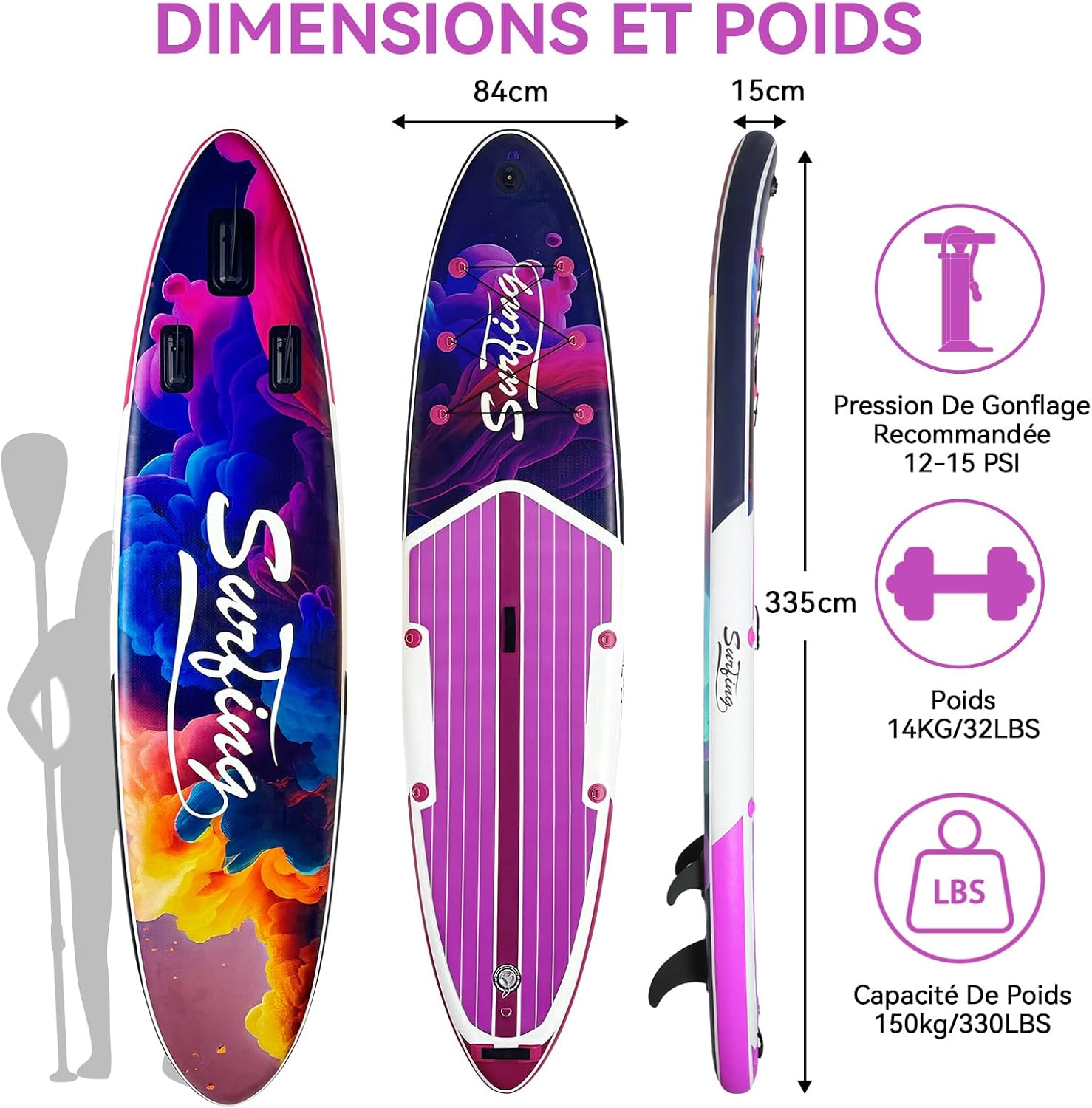 etezen - Paddle gonflable 320/335 cm - 2 places, siège kayak, pagaie, pompe, 150 kg