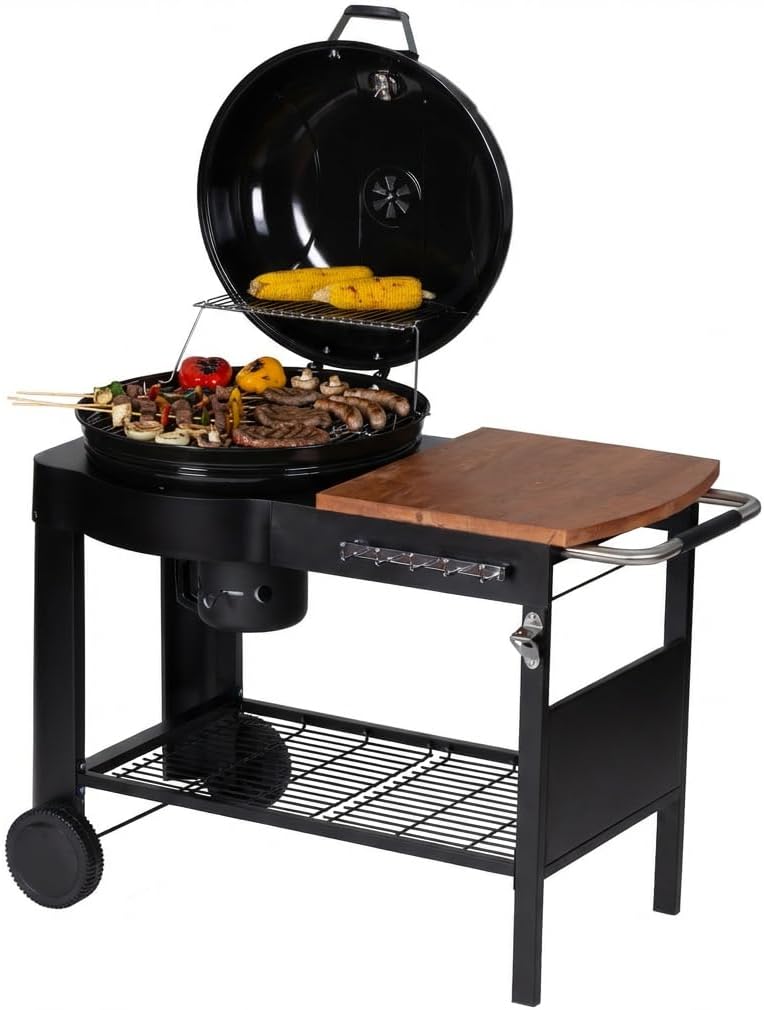 etezen - Barbecue Calgary - acier/bois - couvercle thermomètre, tablettes, 2 roues, noir