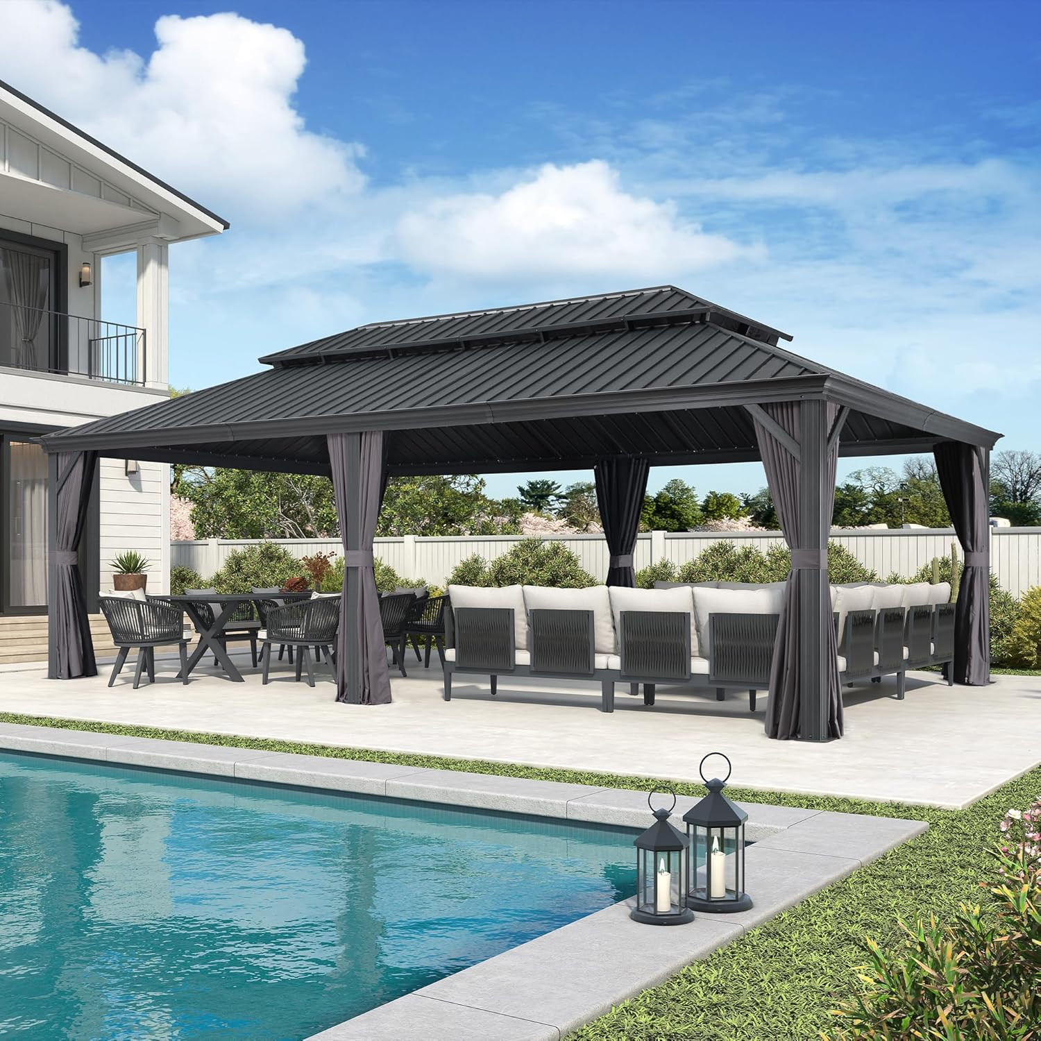 etezen - Tonnelle Jardin 7,32x4,25m - acier, rideaux, moustiquaire