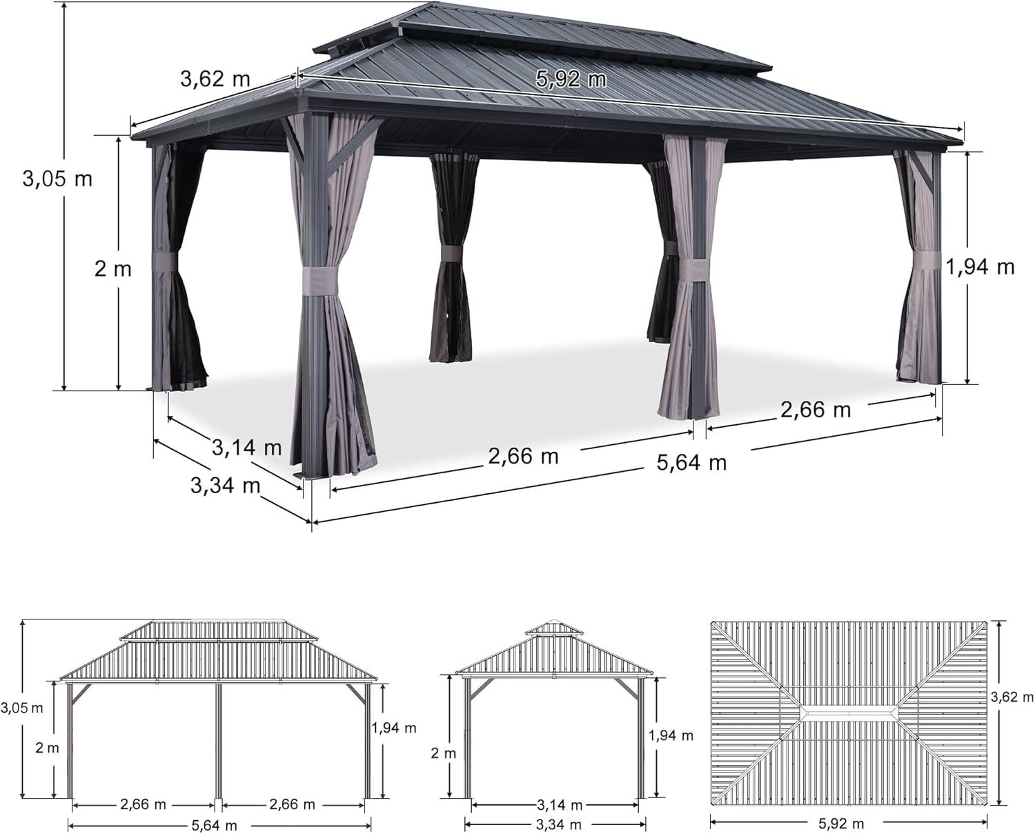 etezen - Tonnelle double toit rigide, 6 x 3,65 m, moustiquaire, aluminium, gris