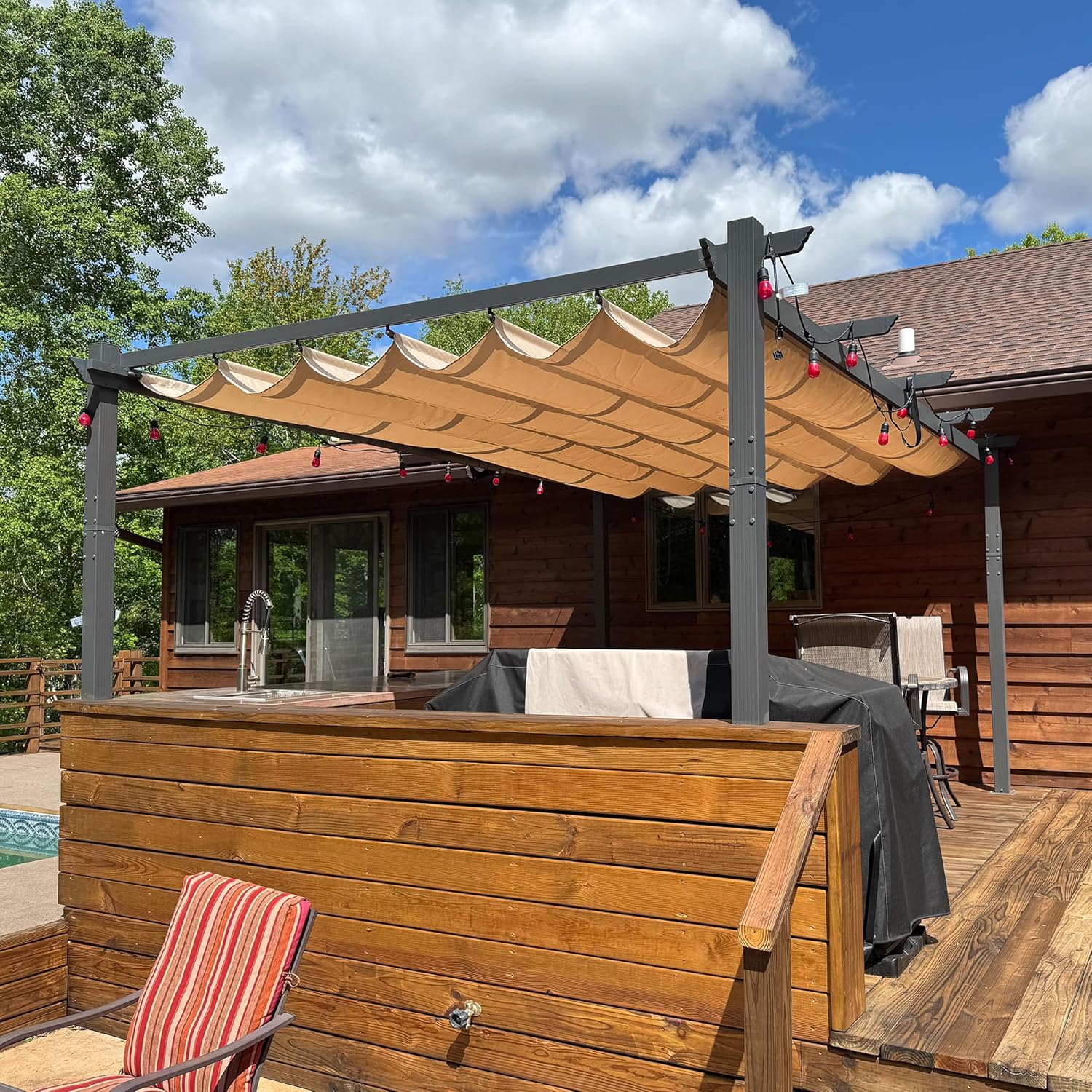 etezen - Pergola aluminium série - 4,8x3,5m - toit coulissant, tissu teint fil, kaki