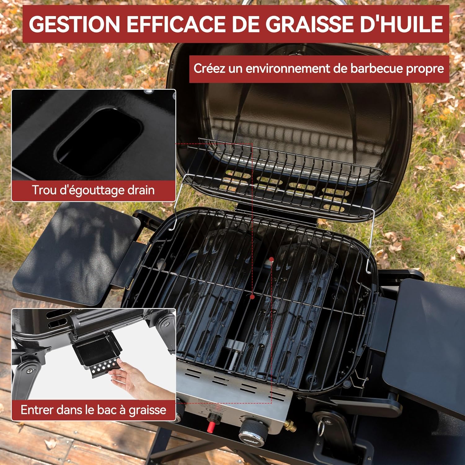 etezen - barbecue gaz portable - 48x37 cm - 2 brûleurs, tables pliantes, chariot détachable, 5kW