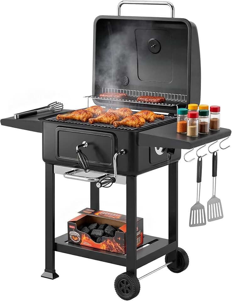 etezen - barbecue charbon réglable - grand format - chariot, tablettes, cheminée, roues, thermomètre