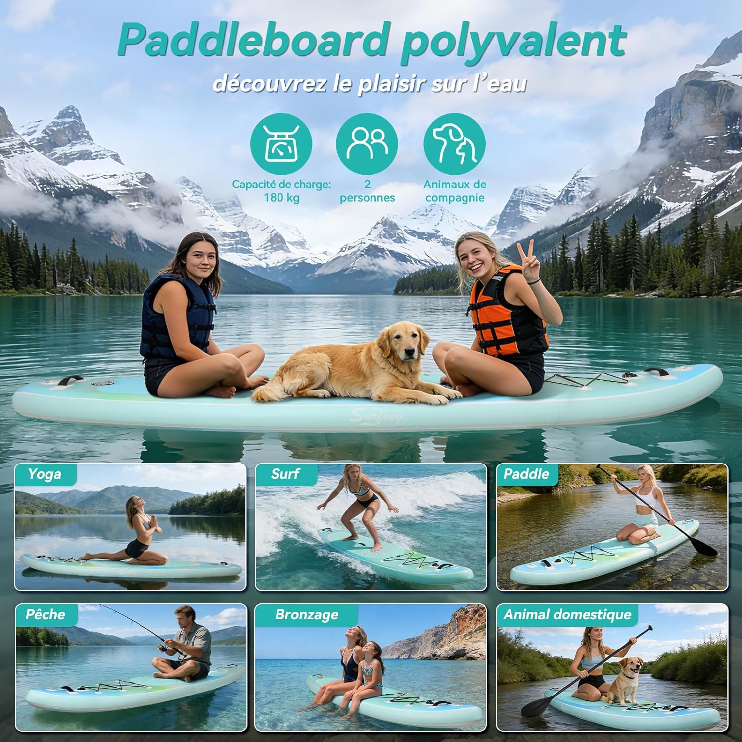 etezen - paddle gonflable adulte - 320/335cm - 2 places, siège kayak, pagaie alu, support caméra, pompe, 150 kg