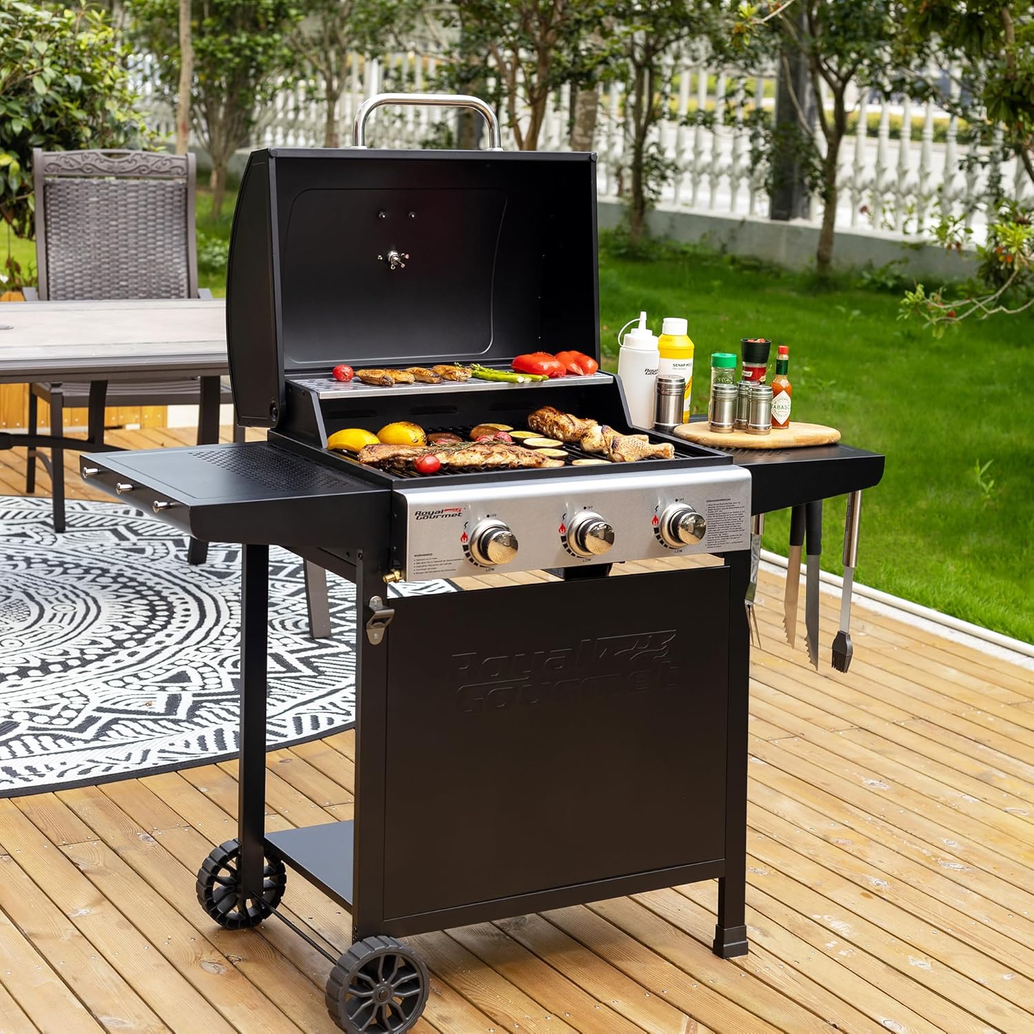 etezen – BBQ Gaz 3 brûleurs – 9kW – chariot, capot, grilles, jardin
