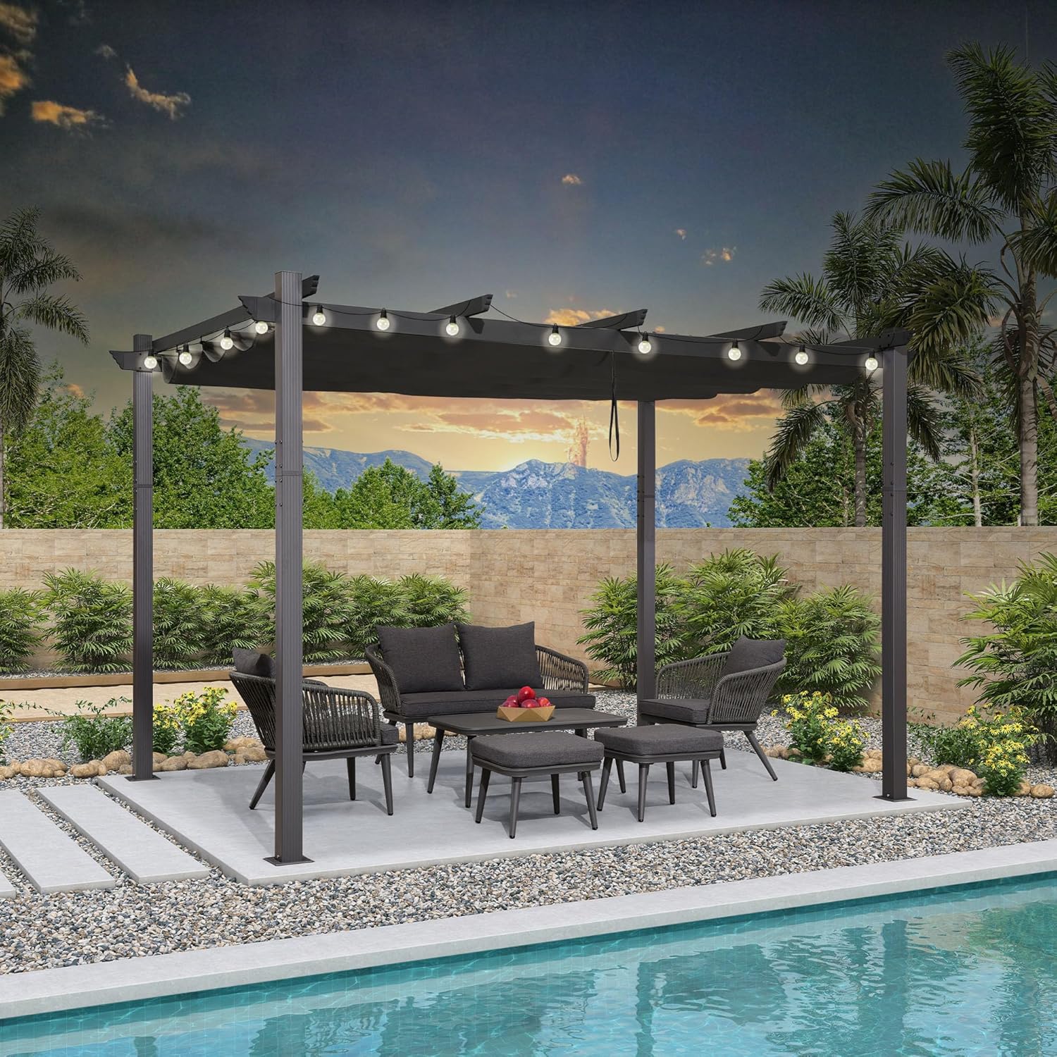 etezen - pergola aluminium - 3,65x3m - toit rétractable LED, tissu gris