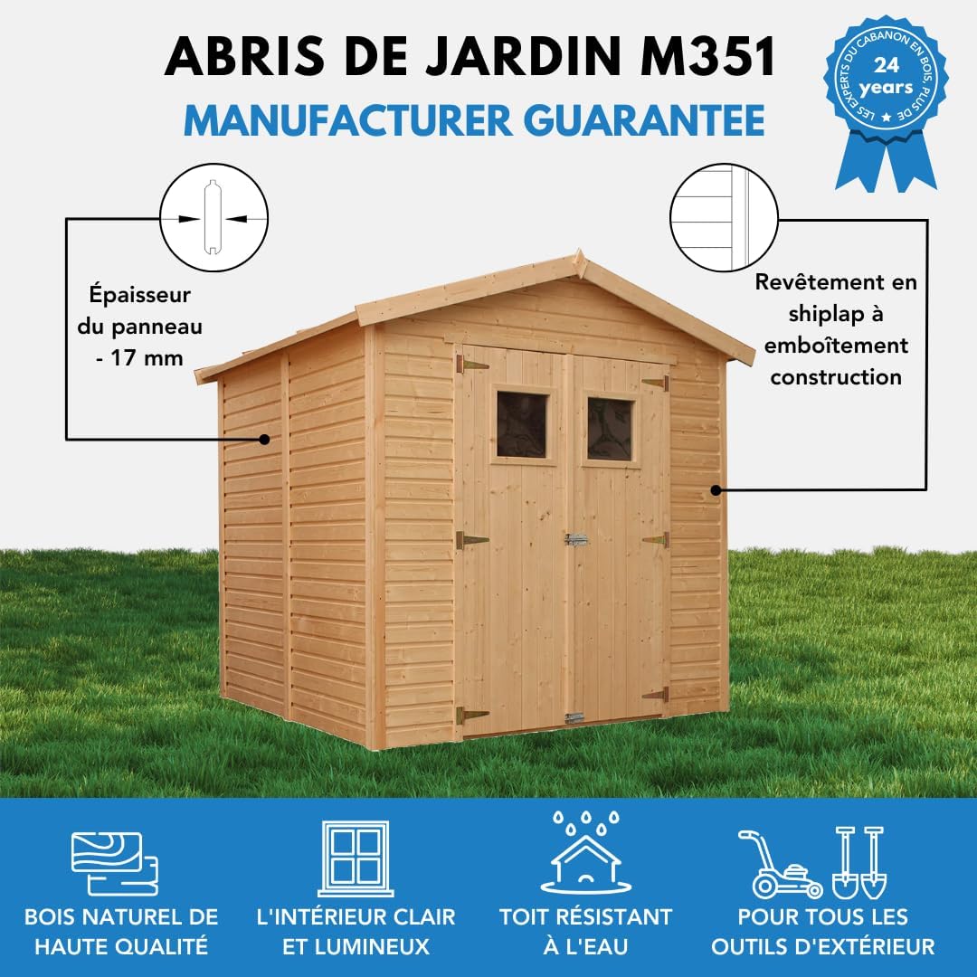 Abri de Jardin en Bois Naturel - Stockage extérieur avec fenêtres H228x222x233 cm/4,2 m² Hangar en Bois Naturel - Atelier Rangement Outils et vélos- etezen M351