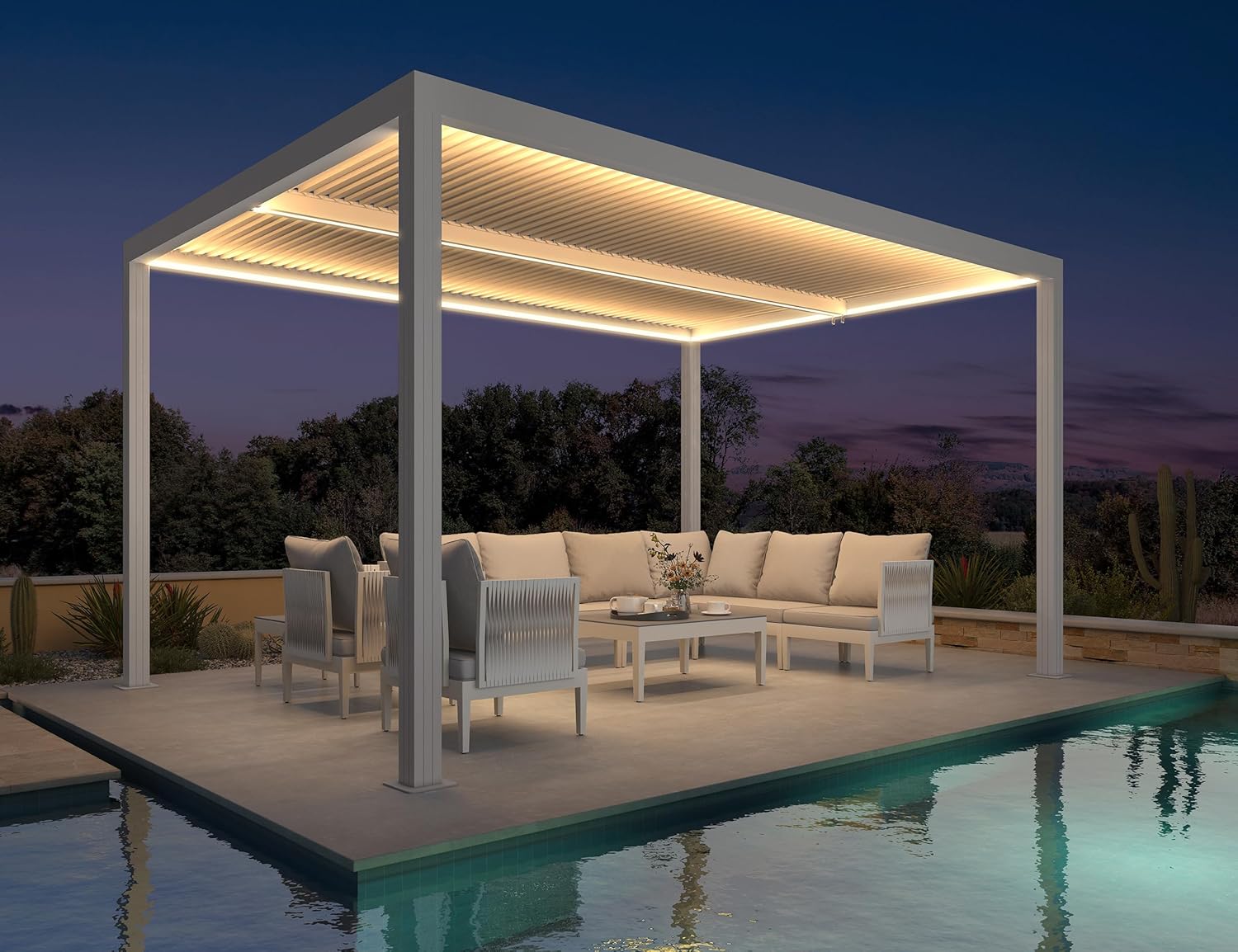 etezen - Pergola bioclimatique 4,24x3m - alu, LED, gouttières, blanc
