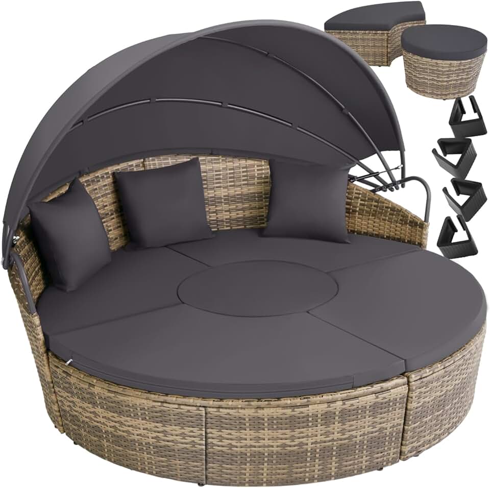 etezen - Bain de soleil modulable avec pare-soleil, coussins inclus, résine tressée, relax extérieur