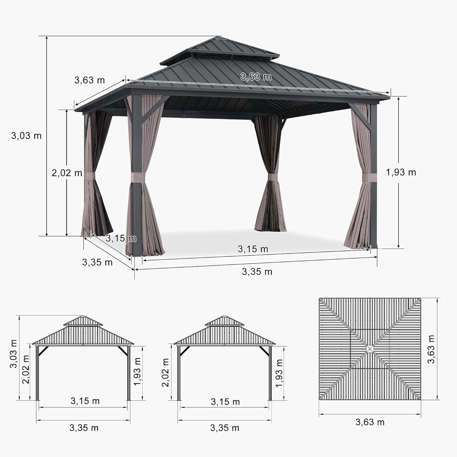 etezen Tonnelle de Jardin Extérieur 3,65 x 3,65 m avec Guirlande Lumineuse, Pavillon Aluminium à Double Toit en Acier Galvanisé, Pergola Jardin Extérieur avec Rideaux pour Fête, Barbecue, Gris