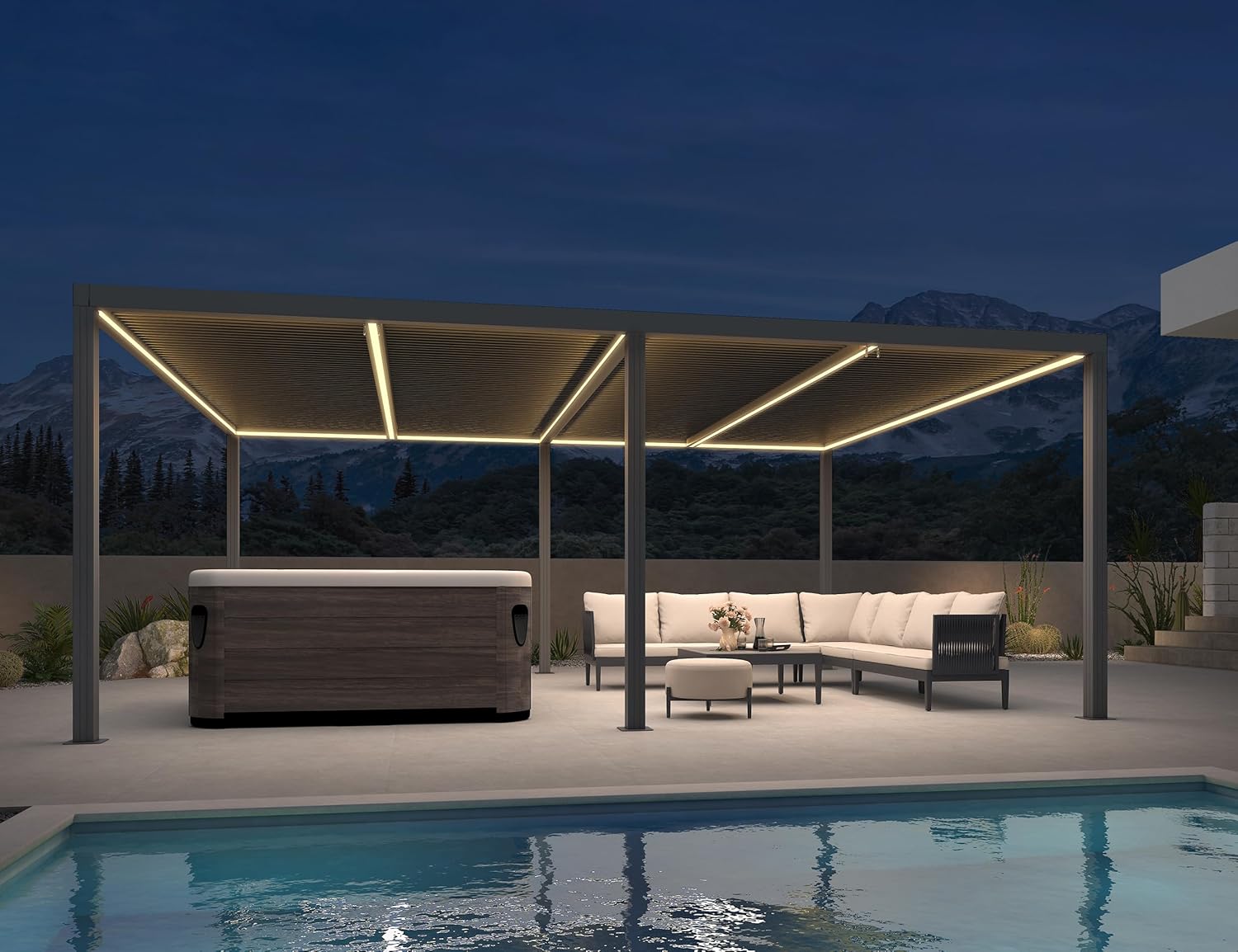 etezen - Pergola bioclimatique - 6 x 3,68 m - alu, LED, gouttières, gris