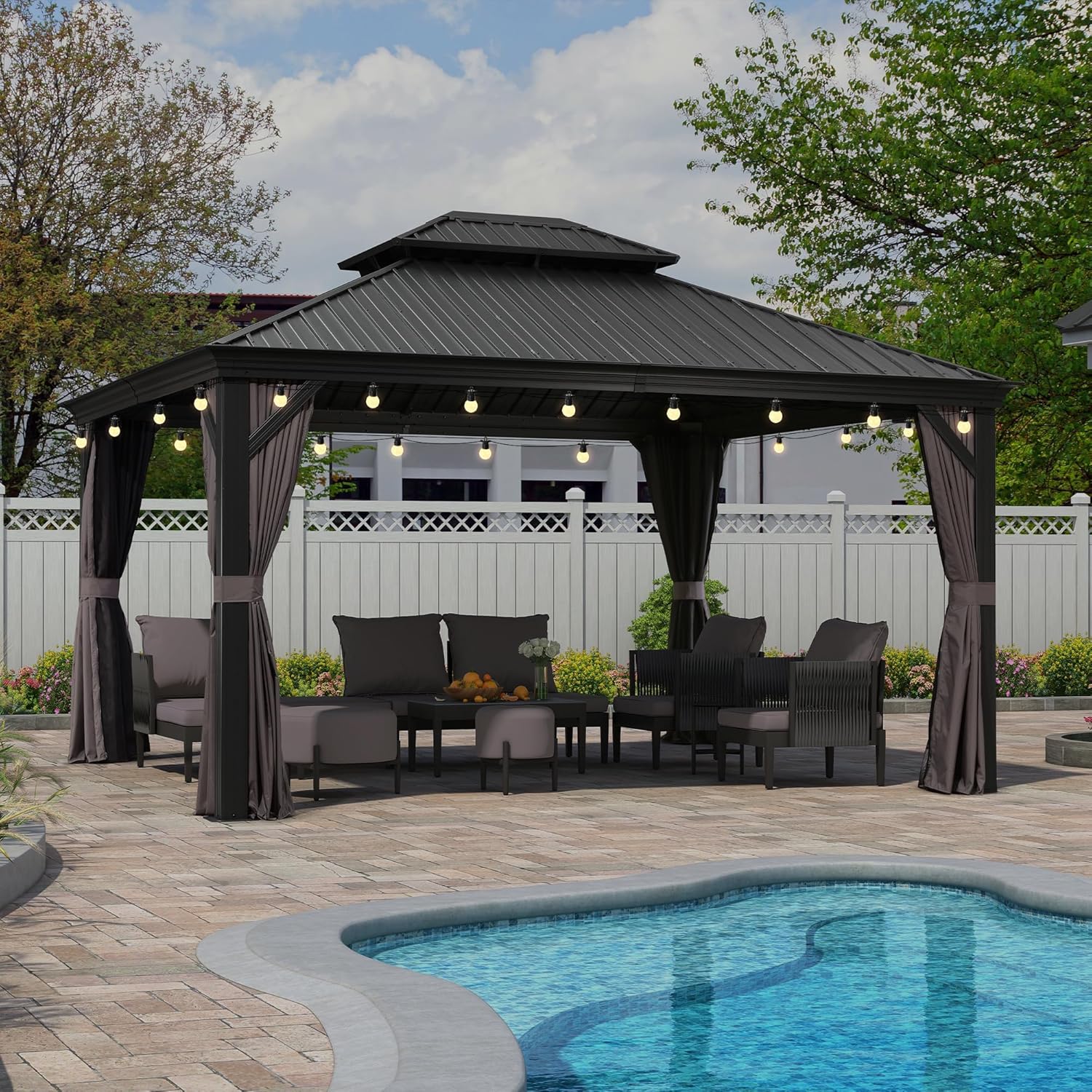 etezen - tonnelle aluminium - 4,25x3,65m - éclairage intégré, rideaux moustiquaires, gouttière, poteaux renforcés