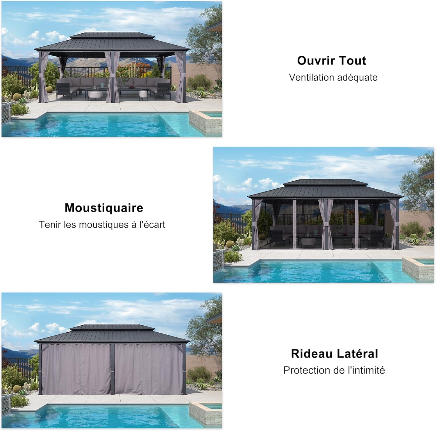 etezen - Tonnelle double toit rigide, 6 x 3,65 m, moustiquaire, aluminium, gris