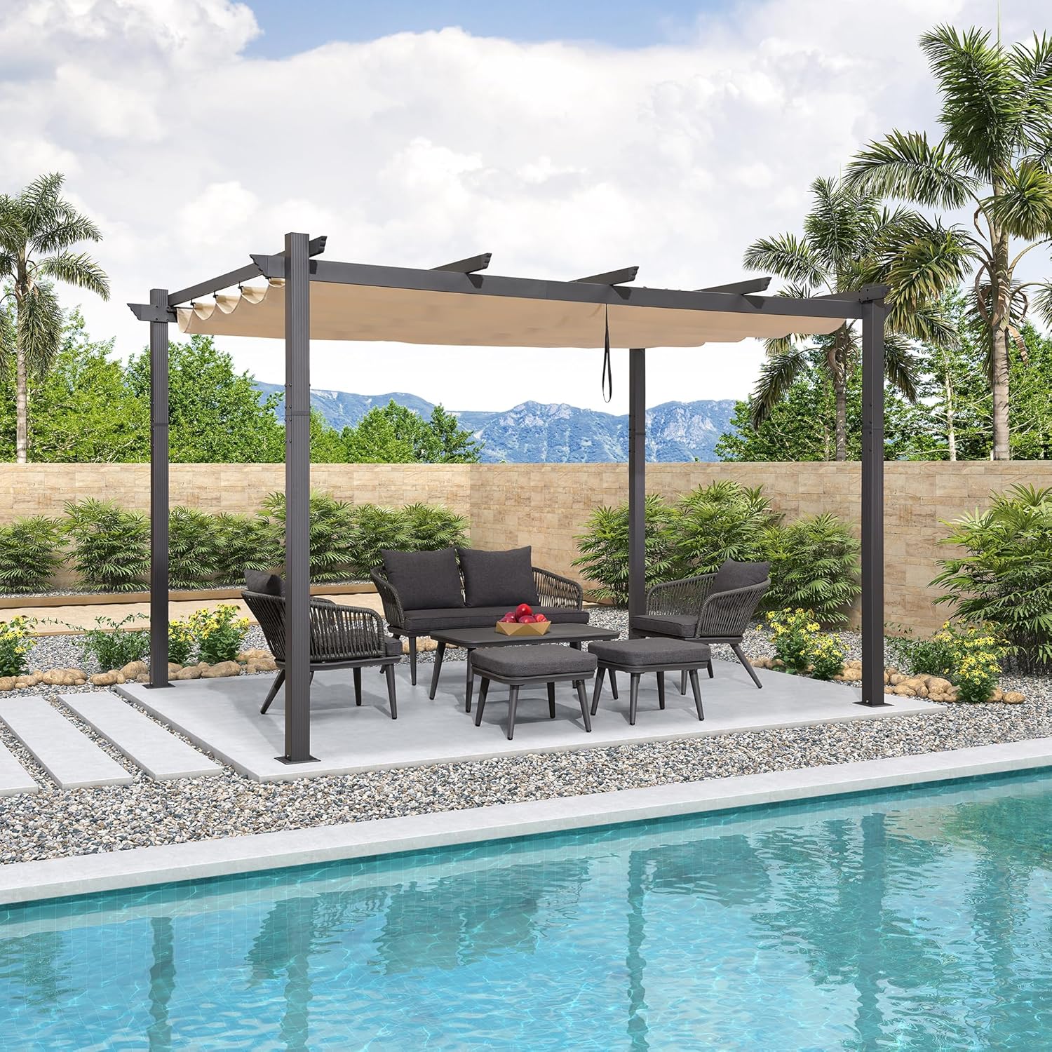 etezen - Pergola Aluminium - 4x3m - Toit coulissant, tissu kaki