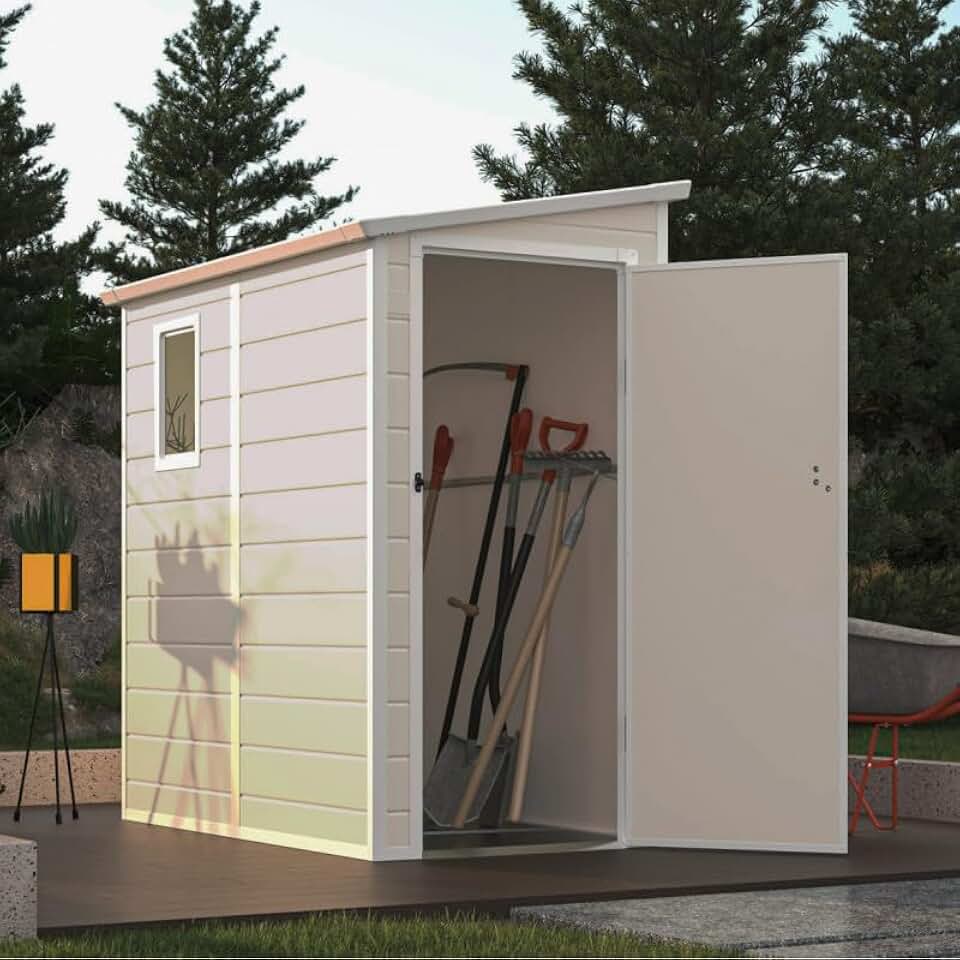 etezen Abri de Jardin Adossé en Résine Beige 2,09m² | Rangement Extérieur avec Fenêtre et Aération | Kit de Fondation Inclus | Structure Acier Galvanisé