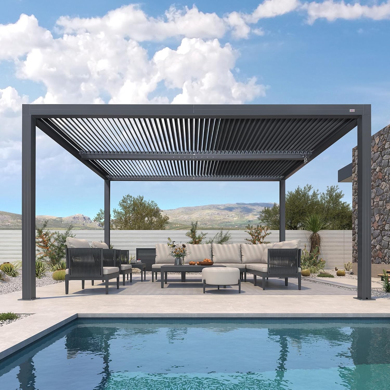 etezen - Pergola Bioclimatique - 4,24 x 3,3 m - Aluminium, lames orientables, commande indépendante, gris
