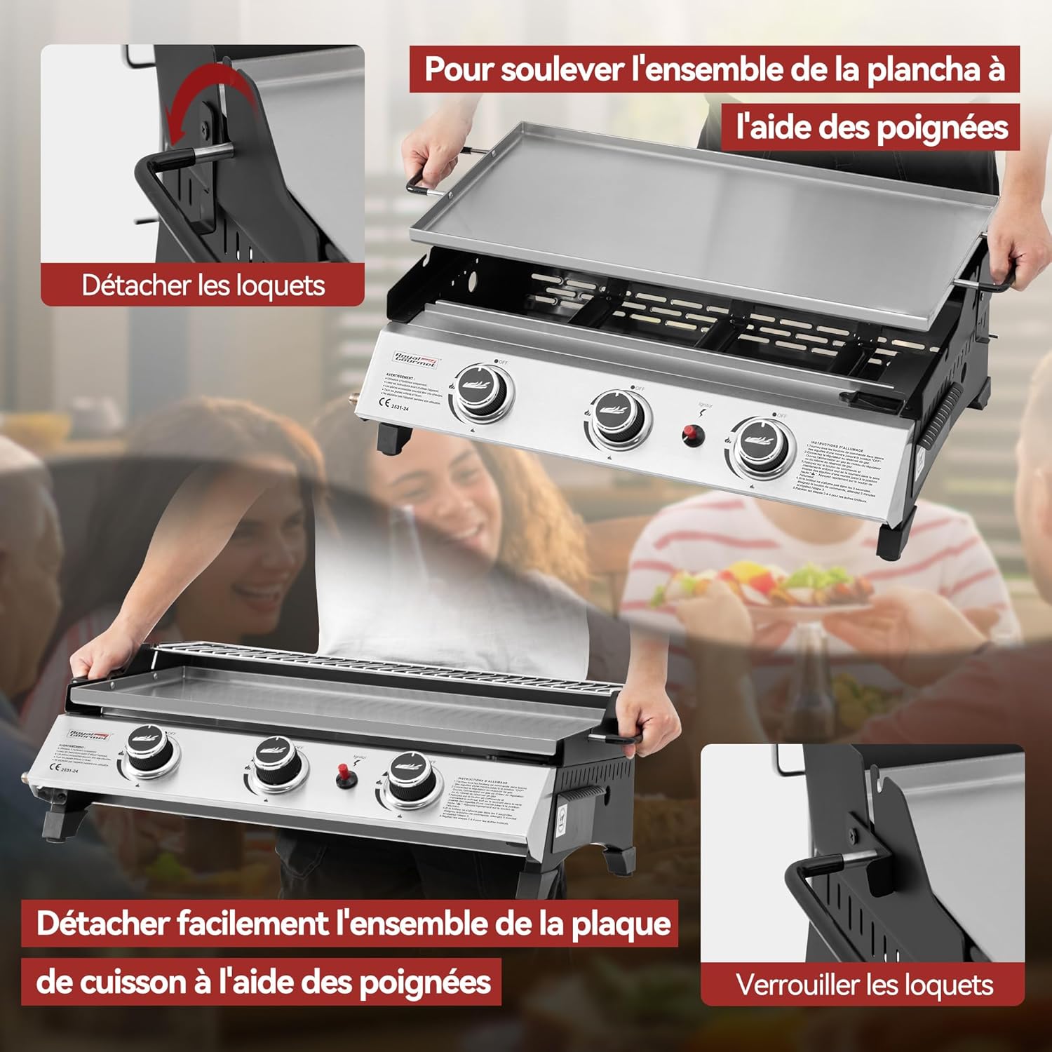 etezen - Plancha gaz inox 3 brûleurs 61,5x32cm, 7,5kW, usage extérieur