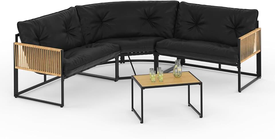 etezen - salon de jardin bas Rio - 6 places angle - métal et cordage rotin, coussins noirs