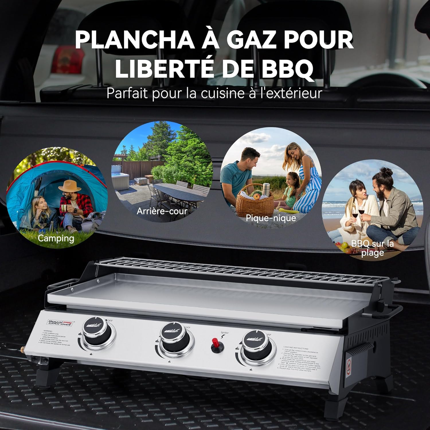 etezen - Plancha gaz inox 3 brûleurs 61,5x32cm, 7,5kW, usage extérieur