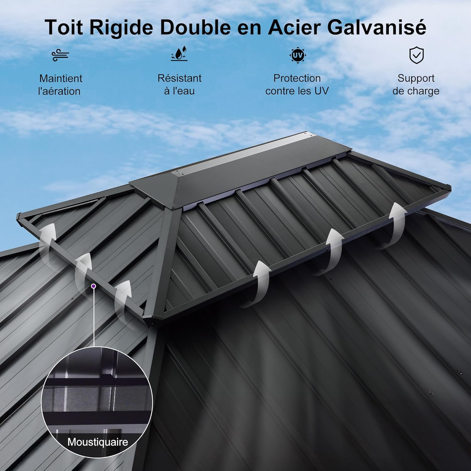 etezen - Pergola Série Extérieur - 6x4m - Toit acier, moustiquaire, rideaux, gouttière