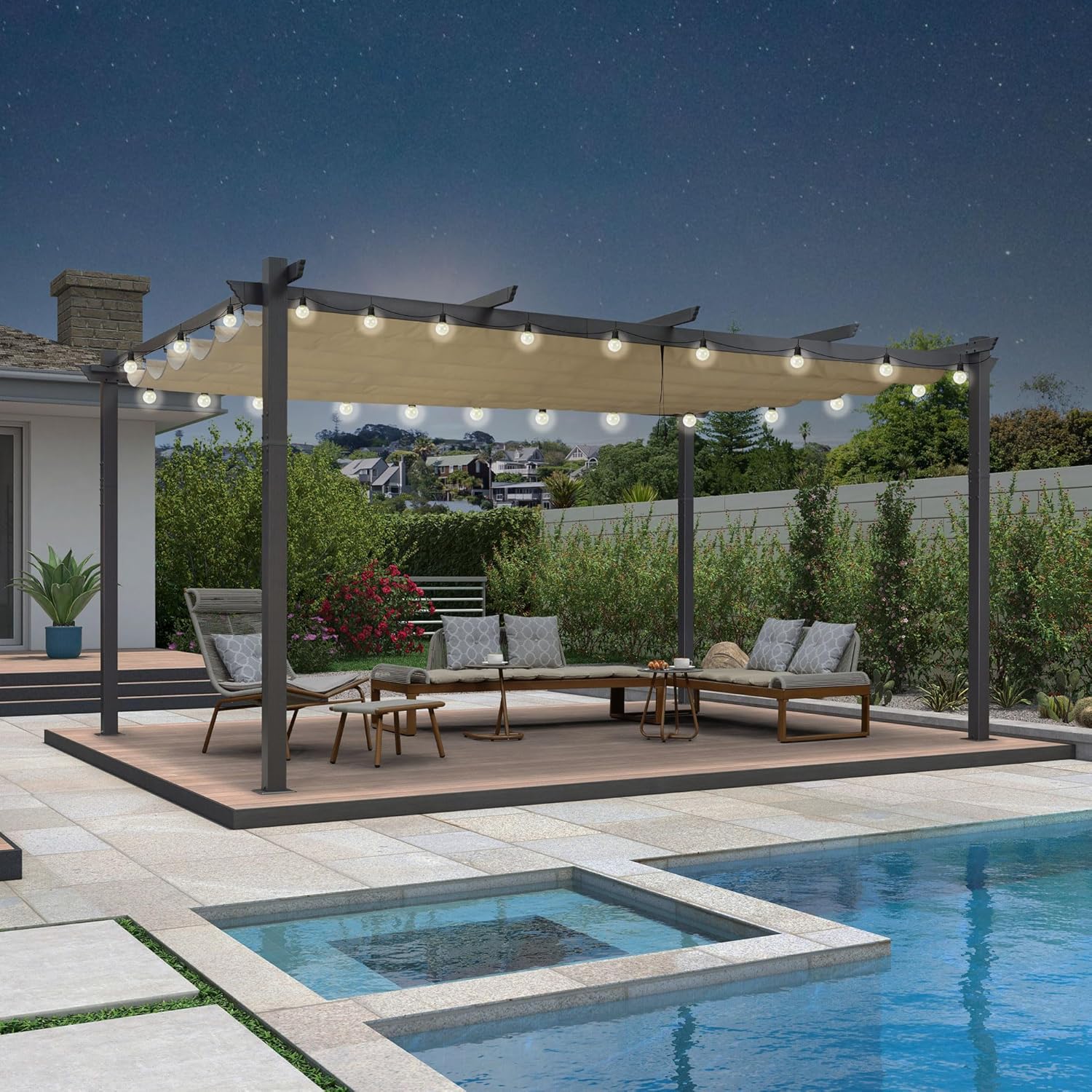 etezen - pergola aluminium série LED - 4,8x3,5 m - toit rétractable, structure résistante, kaki