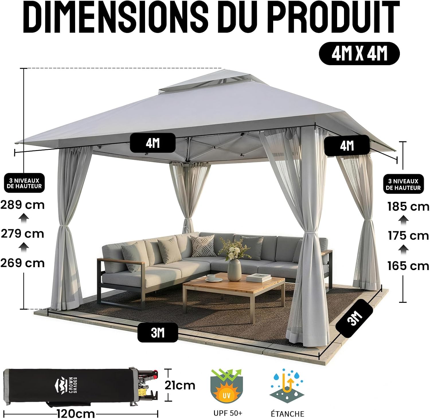 etezen - tonnelle jardin pop up - 4x4 m - double toit, côtés maille, hauteur réglable