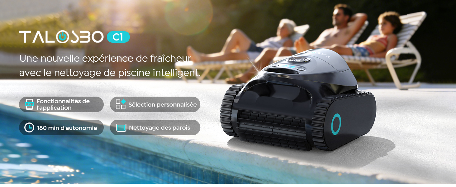 Le texte indique « etezen C1 ». Vues multiples du robot nettoyeur de piscine noir avec démonstrations des caractéristiques techniques et affichage de l'interface.