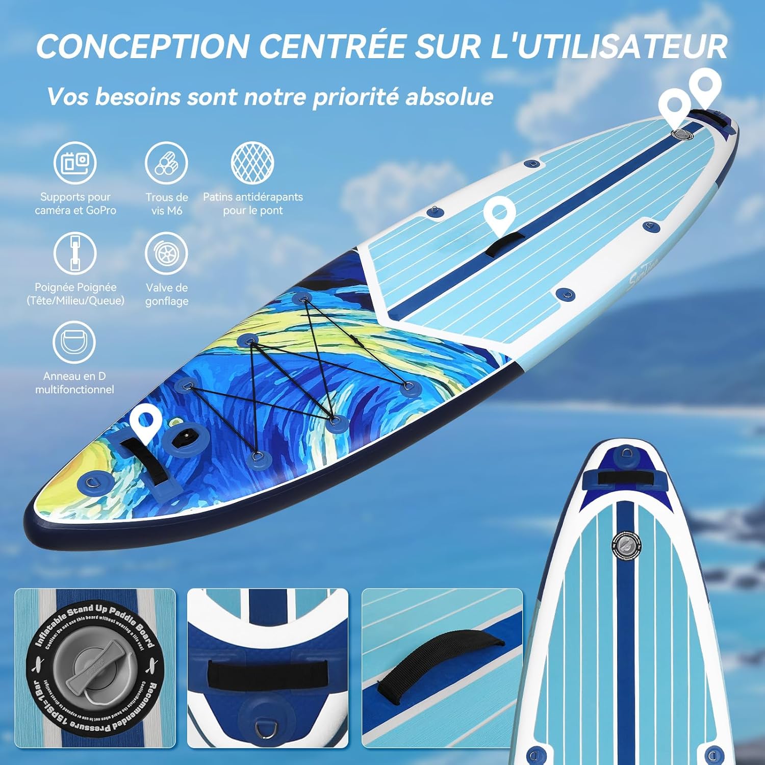 etezen - Paddle gonflable adulte 320/335cm - 2 personnes, siège kayak, pagaie, support caméra, 150kg