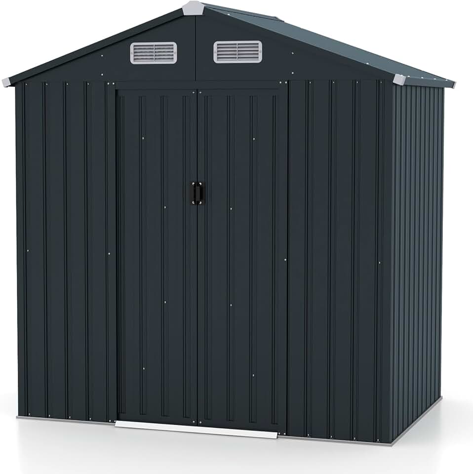 etezen 2,16m² Abri de Jardin 4,26m³, Abri à Outils avec Toit Incliné, Portes Coulissantes, Aérations, Résistant aux Intempéries, Cadre en Acier Galvanisé Antirouille, pour Jardin, Arrière-Cour