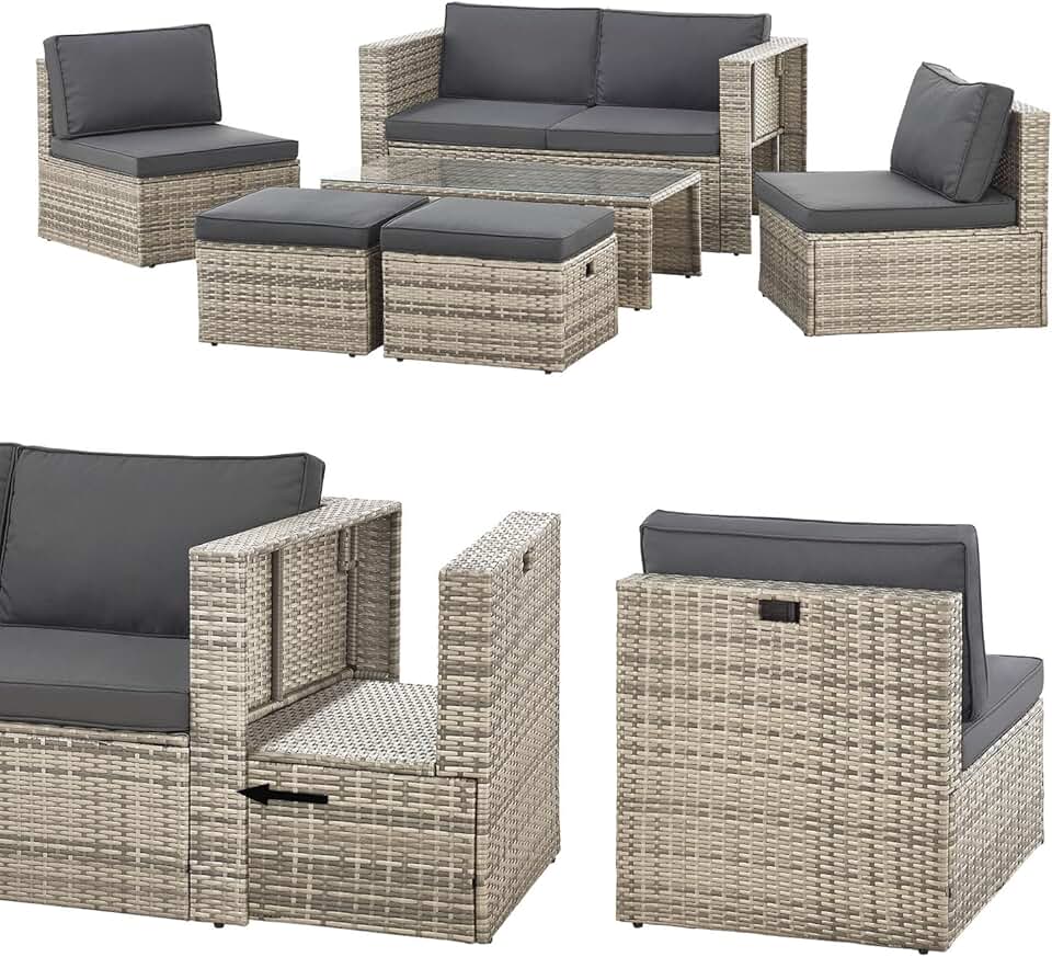 etezen - Salon de jardin Salou - 6 places, polyrotin, table, coussins, résistant intempéries, gris