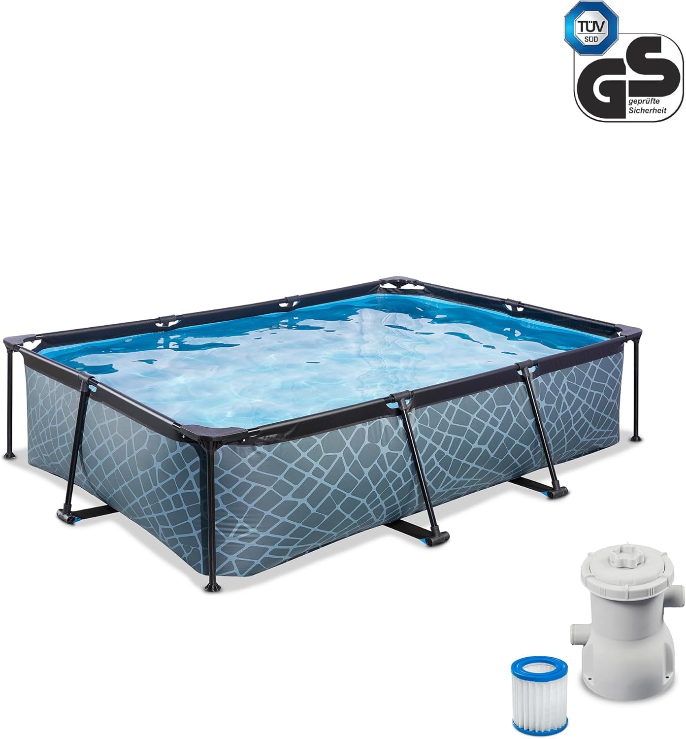 etezen Piscine Stone - 300x200x65cm - Piscine Hors Sol Rectangulaire avec Pompe Filtrante à Cartouche - Entrée Basse - Idéal pour Les Jeunes Enfants - Cadre Stable - Design Unique - Gris