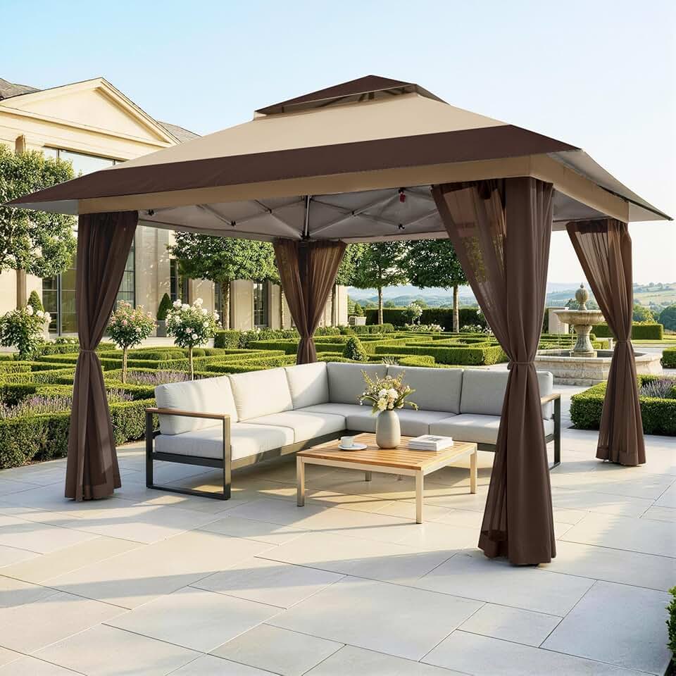 etezen Tonnelle de Jardin 4 x 4 m, Pop Up Gezebo Exterieur Imperméable, Abri de Jardin Réglable en Hauteur, Double Toit avec Côtés en Maille Zippée, Sac de Transport, Beige