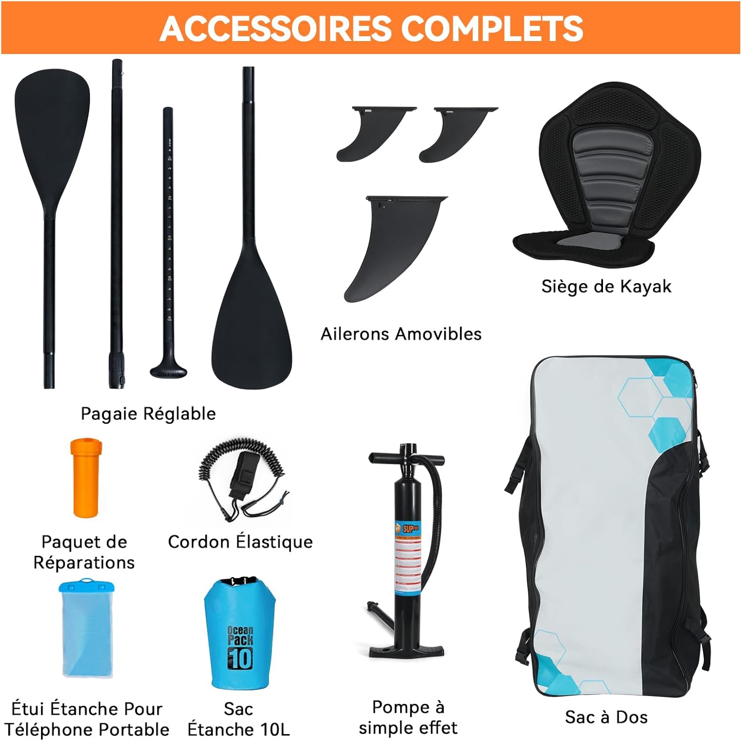 etezen - Paddle gonflable adulte - 320/335cm - 2 personnes, siège kayak, pagaie alu, caméra, pompe, 150kg