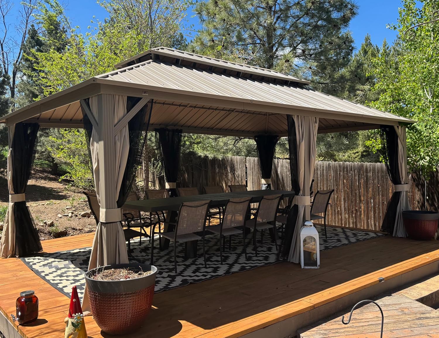 etezen - Pergola série Champagne - 6 x 3,65 m - aluminium, toit acier, moustiquaire et rideaux
