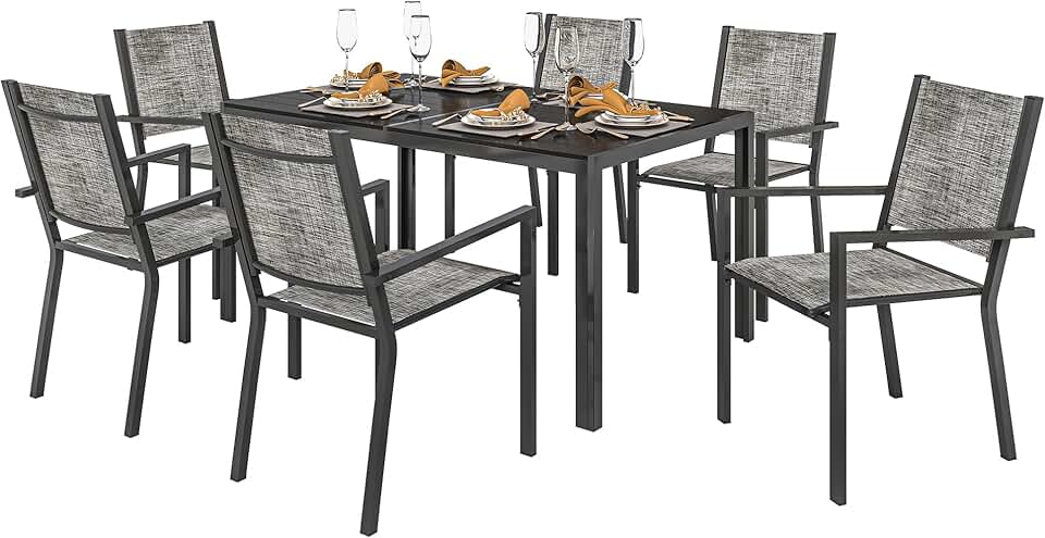 etezen - Salon de jardin 7 pièces - 150 cm - acier, 6 chaises empilables