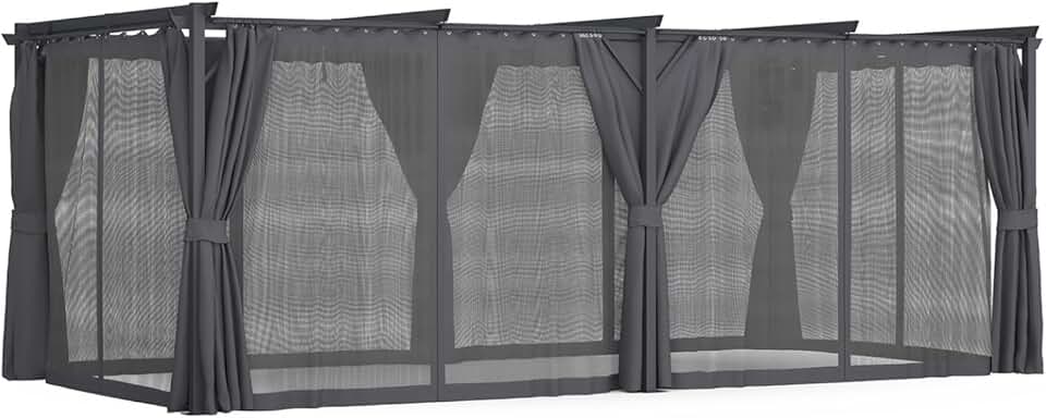 etezen - Pergola intégrale moustiquaire, toit rétractable 3x6m, 6 rideaux gris